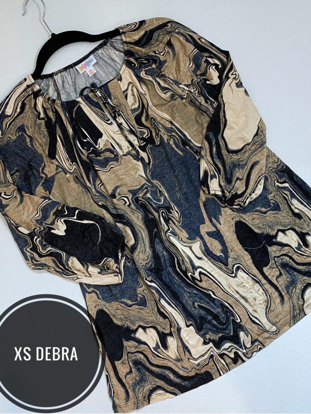 LuLaRoe Debra Marble-Swirl Top - Black, Tan & Cream